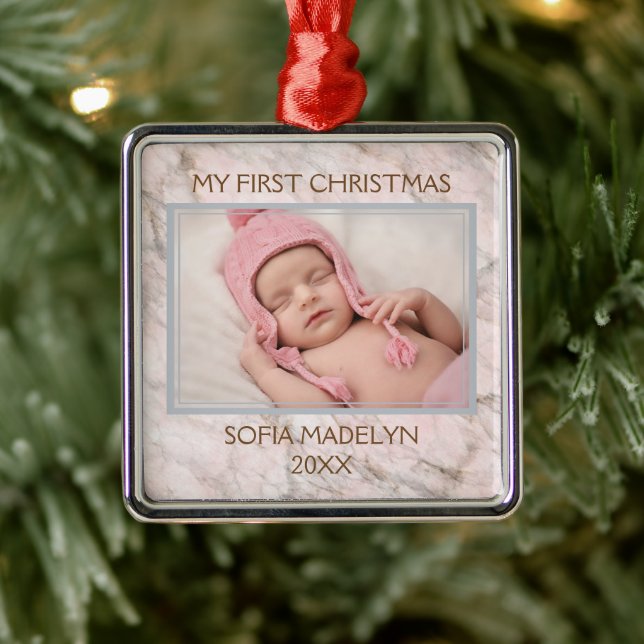 Custom Photo Pastel Pink Grey Marble Pattern Metal Tree Decoration (Tree)