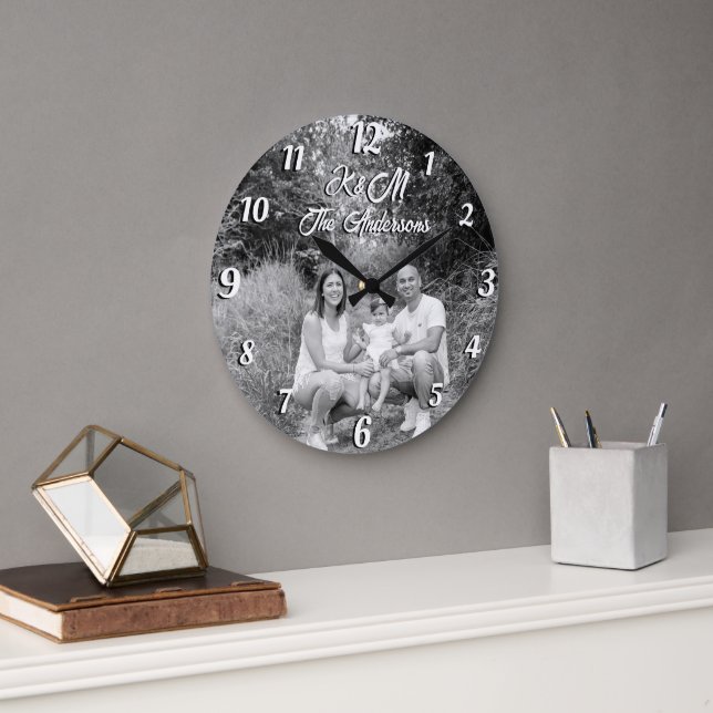 Custom photo personalised name black and white large clock (Office)