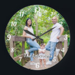 Custom photo personalised name white letters large clock<br><div class="desc">Custom photo personalised name white letters and numbers retro font wall clock. A lovely personalised gift for anyone.</div>
