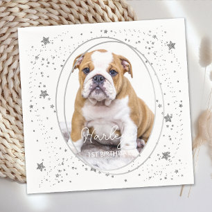 Custom Photo Pet Dog Birthday Silver Glitter Stars Napkin