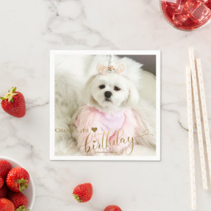 Custom Photo Pet Dog Birthday Typography Gold Napkin