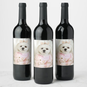 Custom Photo Pet Dog Birthday Typography Gold Wine Label