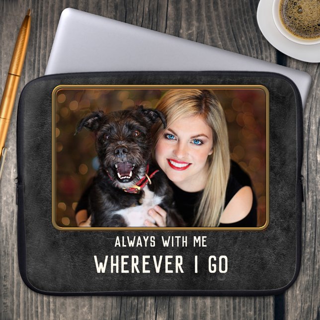 Custom Photo Pet Family Leather Laptop Sleeve (Laptop sleeve featuring a dark faux leather design with your own custom photo)