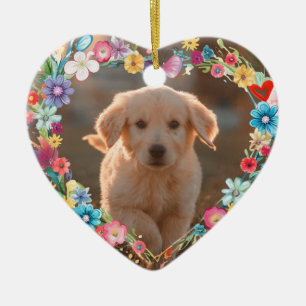 Custom Photo Pet Memorial Floral Blue Heart Shape Ceramic Tree Decoration