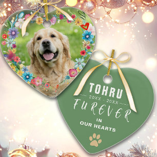 Custom Photo Pet Memorial Floral Heart Shaped  Ceramic Tree Decoration