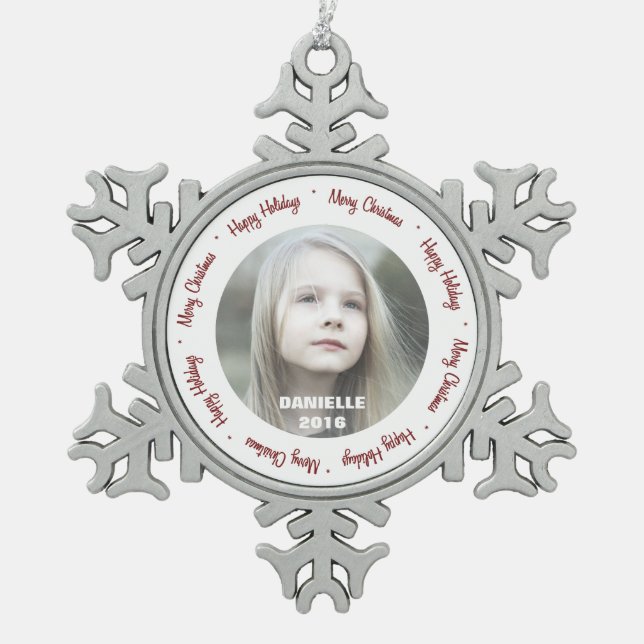 Custom Photo Pewter Snowflake Ornament (Front)
