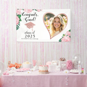 Custom Photo Pink and White Floral Graduation Banner