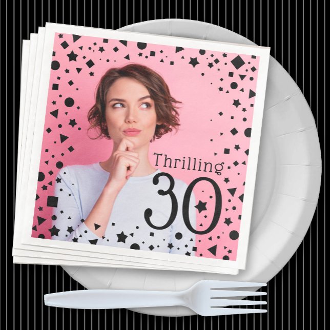 Custom Photo Pink Black Confetti 30th Birthday Napkin (Creator Uploaded)