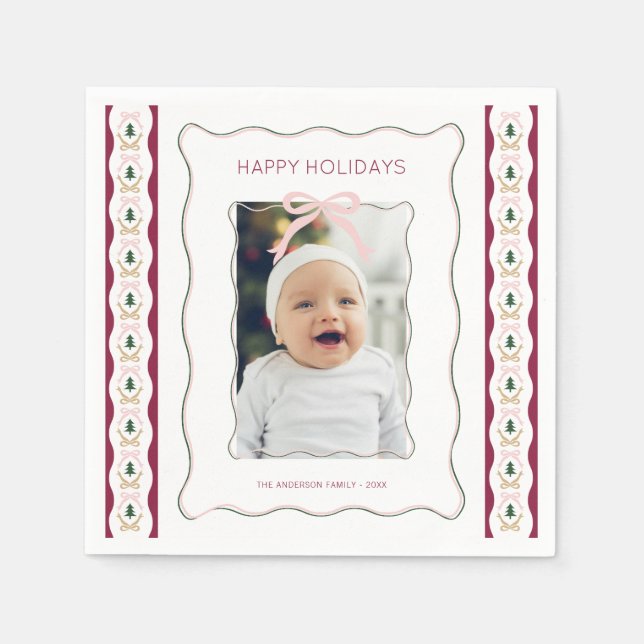 Custom Photo Pink Bow Squiggly Frame Holiday Napkin (Front)