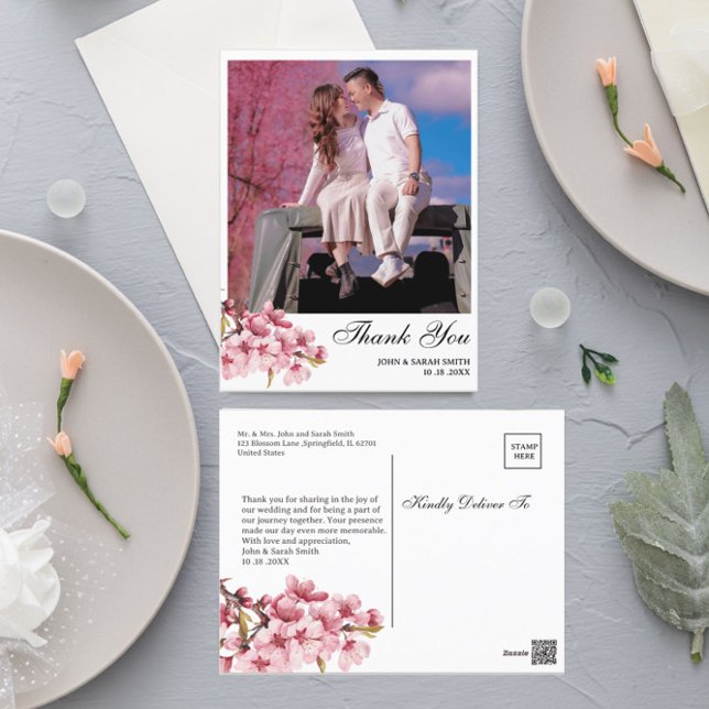 Custom Photo Pink Cherry Blossom Wedding Thank You Postcard (Creator Uploaded)