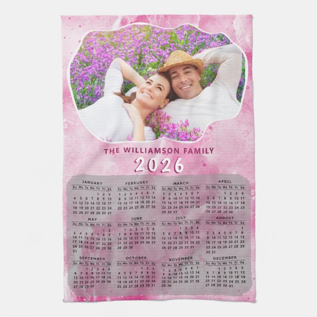 Custom Photo Pink Family Name 2026 Calendar Tea Towel (Vertical)