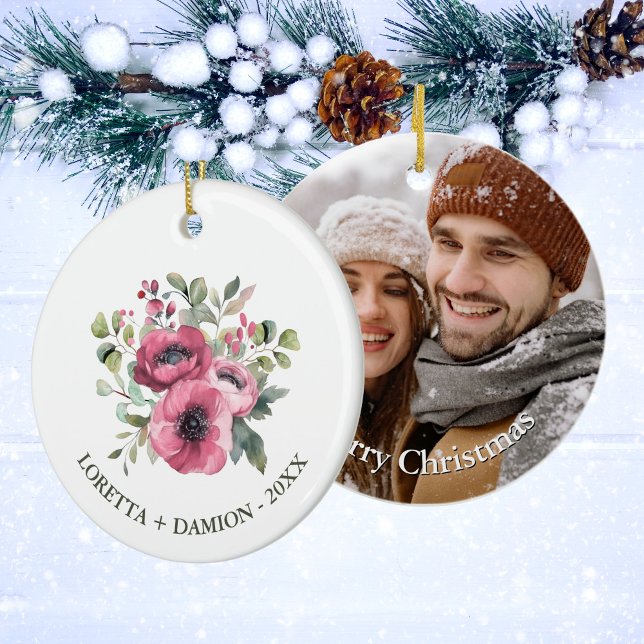 Custom Photo Pink Floral Christmas Ceramic Tree Decoration (Creator Uploaded)