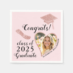 Custom Photo Pink Girly Class 2025 Graduation Napkin