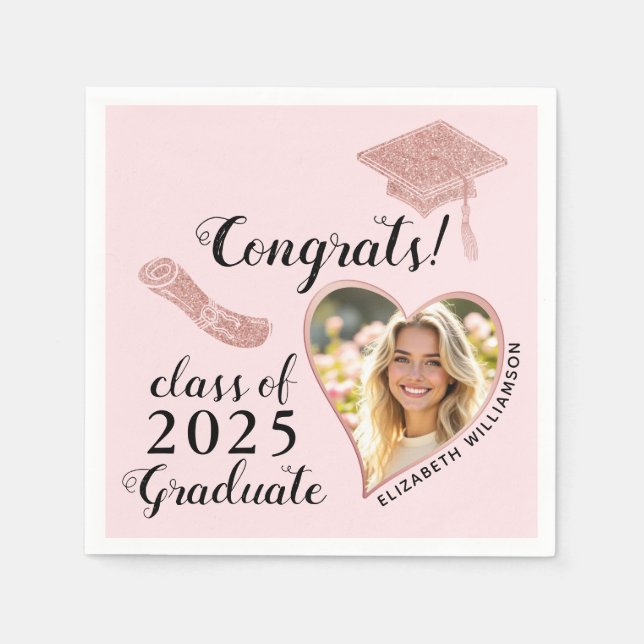 Custom Photo Pink Girly Class 2025 Graduation Napkin (Front)