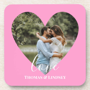 Custom Photo Pink Heart Frame Modern Calligraphy Coaster