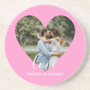 Custom Photo Pink Heart Frame Modern Calligraphy Coaster