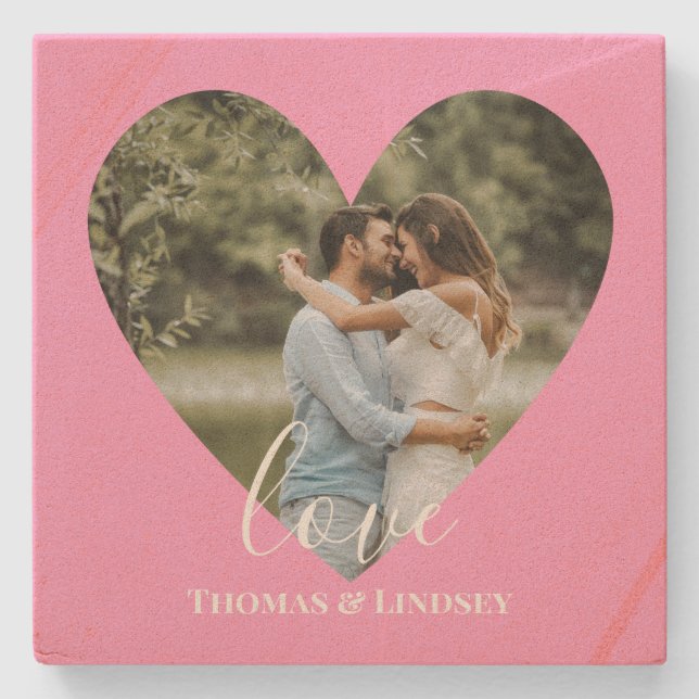 Custom Photo Pink Heart Frame Modern Calligraphy Stone Coaster (Front)