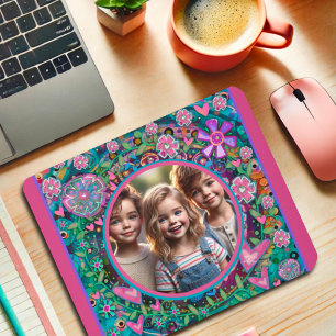 Custom Photo Pink Teal Fun Colourful Heart Floral  Mouse Pad
