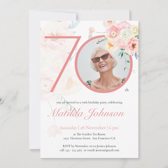 Custom Photo Pink Watercolor Floral 70th Birthday  Invitation (Front)