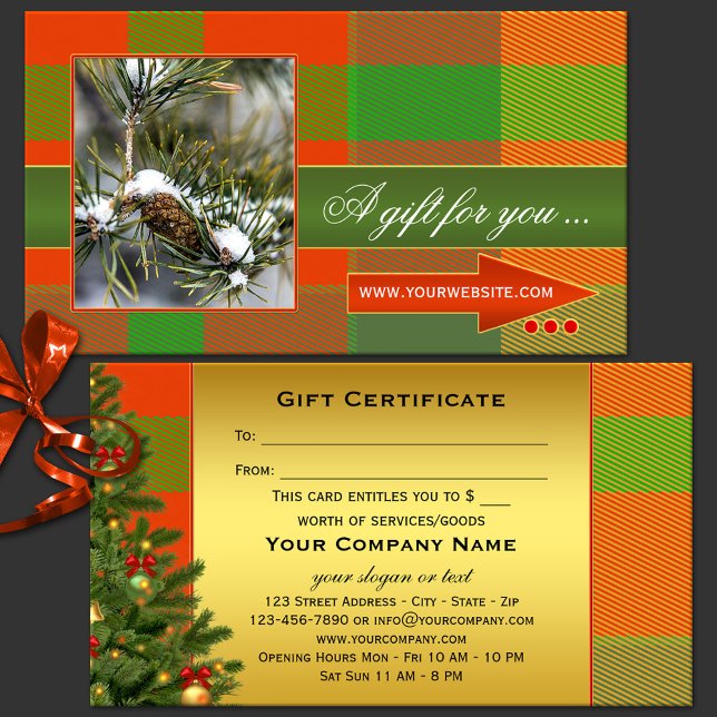 Custom Photo Plaid Christmas Gift Certificate (Classic green red plaid business card size Christmas  gift certificate showing your photo with gold)