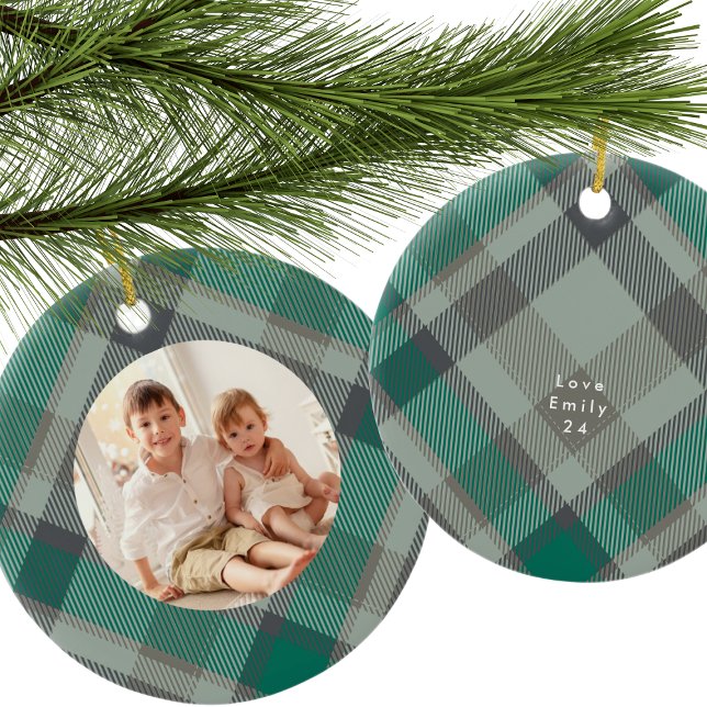 Custom Photo Plaid Green Elegant Christmas Holiday Ceramic Tree Decoration (Creator Uploaded)