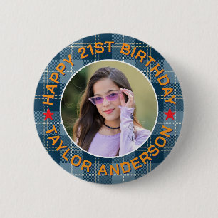 Custom Photo Plaid Pattern Retro Happy Birthday 6 Cm Round Badge