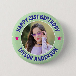 Custom Photo Polka Dot Pattern Happy Birthday 6 Cm Round Badge