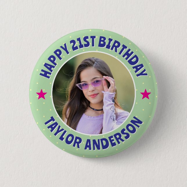 Custom Photo Polka Dot Pattern Happy Birthday 6 Cm Round Badge (Front)
