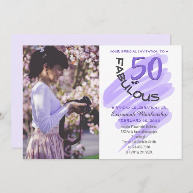 Custom Photo Purple "50 and Fabulous" Party Invitation (Front/Back)