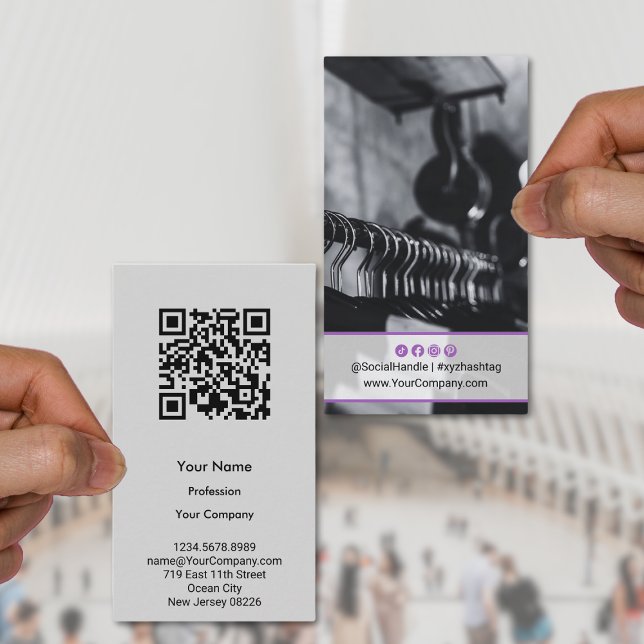 Custom Photo Purple Accents Grey Portrait Business Card (Custom Photo Purple Accents Gray Portrait Business Card)