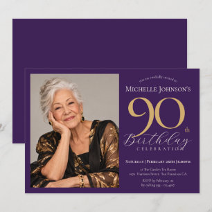 Custom Photo Purple and Gold Elegant 90th Birthday Invitation