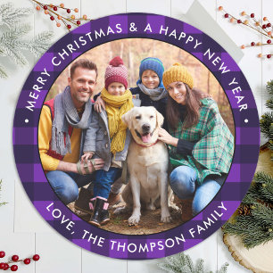 Custom Photo Purple Buffalo Plaid Merry Christmas Classic Round Sticker