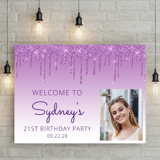 Custom Photo Purple Glitter 21st Birthday Welcome Poster (Creator Uploaded)