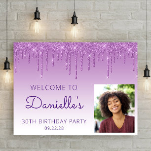 Custom Photo Purple Glitter 30th Birthday Welcome Poster