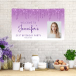 Custom Photo Purple Glitter Drip 21st Birthday Banner<br><div class="desc">Welcome guests with this chic, glamourous 21st birthday party photo banner, featuring a sparkly purple faux glitter drip border and purple ombre background. Easily replace the sample image with a photo of the guest of honour. Personalise it with her name in purple handwriting script, with the birthday and date below...</div>