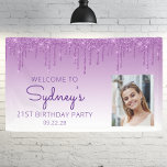 Custom Photo Purple Glitter Drip 21st Birthday Banner<br><div class="desc">Welcome guests with this chic, glamourous 21st birthday party photo banner, featuring a sparkly purple faux glitter drip border and purple ombre background. Easily replace the sample image with a photo of the guest of honour. Personalise it with her name in purple handwriting script, with the birthday and date below...</div>