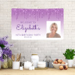 Custom Photo Purple Glitter Drip 40th Birthday Banner<br><div class="desc">Welcome guests with this chic, glamourous fortieth birthday party photo banner, featuring a sparkly purple faux glitter drip border and purple ombre background. Easily replace the sample image with a photo of the guest of honour. Personalise it with her name in purple handwriting script, with the birthday and date below...</div>