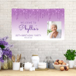 Custom Photo Purple Glitter Drip 80th Birthday Banner<br><div class="desc">Welcome guests with this chic, glamourous 80th birthday party photo banner, featuring a sparkly purple faux glitter drip border and purple ombre background. Easily replace the sample image with a photo of the guest of honour. Personalise it with her name in purple handwriting script, with the birthday and date below...</div>
