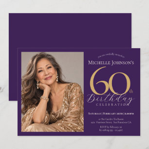 Custom Photo Purple & Gold Elegant 60th Birthday Invitation