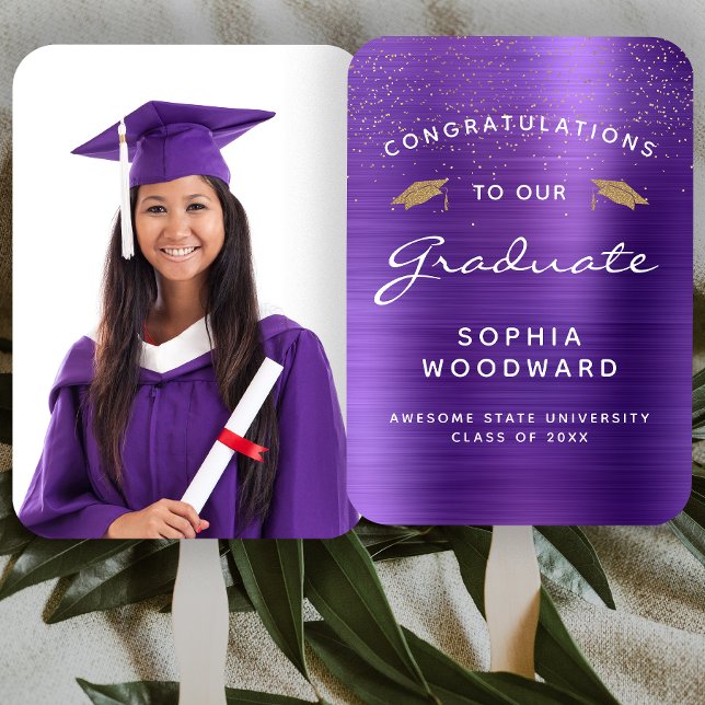 Custom Photo Purple Metallic White Gold Graduation Hand Fan (Creator Uploaded)