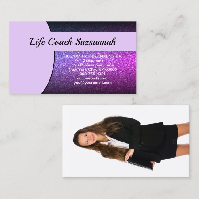 Custom Photo Purple Ombre Glitter Professional Business Card (Front/Back)