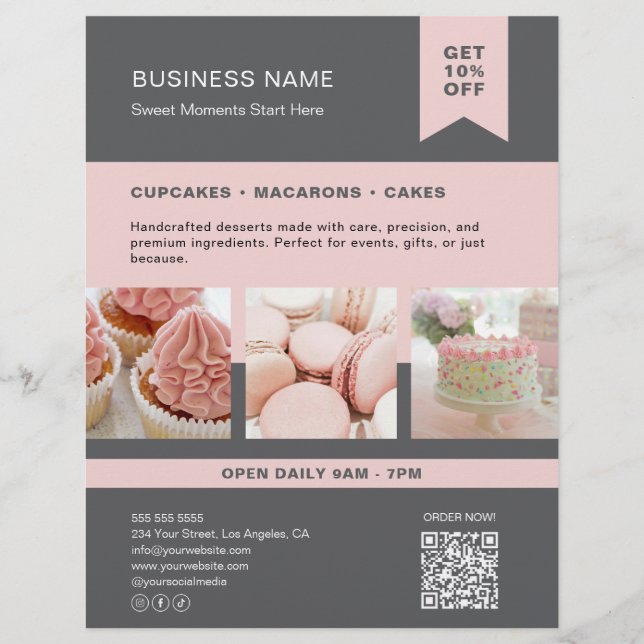 Custom Photo QR Bakery Grey Pink Flyer (Front)