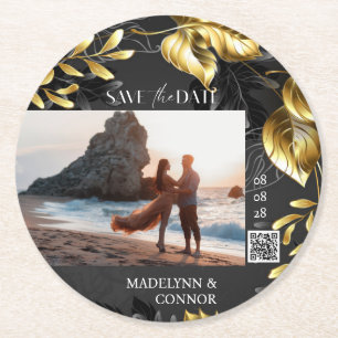 Custom Photo QR Code Grey Golden Save the Date Round Paper Coaster