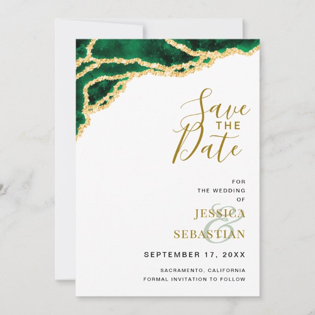 Custom Photo QR Code White Emerald Gold Modern Save The Date (Front)