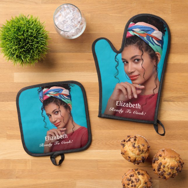  Custom Photo Ready To Cook Personalise Oven Mitt & Pot Holder Set (Top Down)