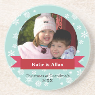 Custom photo red banner snow flakes Christmas Coaster