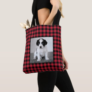 Custom Photo Red Black Buffalo Check Pattern Tote Bag