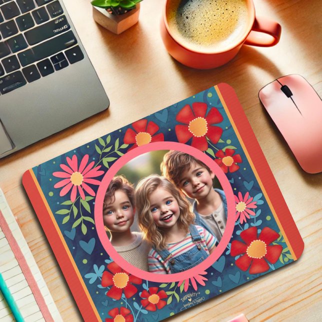Custom Photo Red Blue Fun Colourful Floral  Mouse Pad (Creator Uploaded)