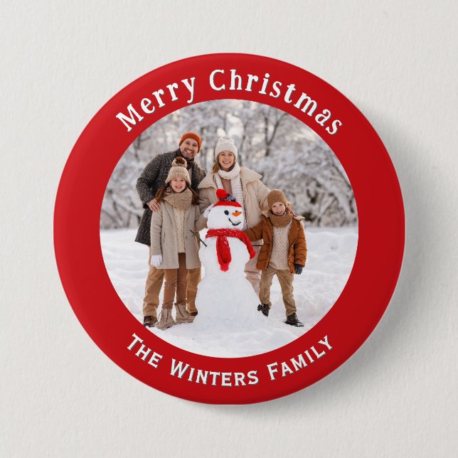 Custom Photo Red Christmas Holiday Keepsake Name 7.5 Cm Round Badge (Front)