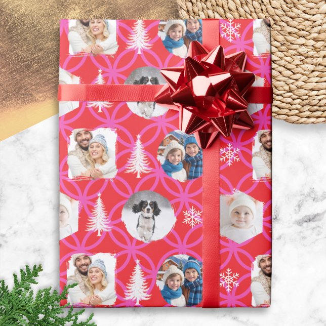 Custom Photo Red Christmas Holiday Wrapping Paper (Red Christmas wrapping paper with pink geometric pattern, personalized with four of your own photos)